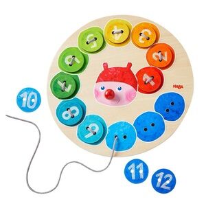 HABA Rainbow Caterpillar Wooden Counting Threading Toy Numbers 1-12 Montessori